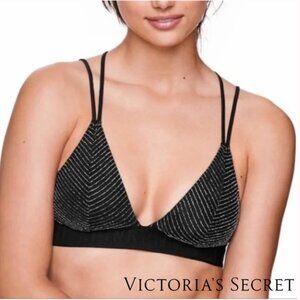 Like new! PINK Victorias Secret Metallic Black/Silver Stripe Unlined Bra - sz. L